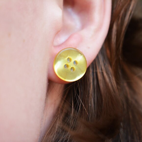 Handmade Shiny Yellow Button Stud Earrings - Picture 5 of 7